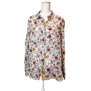 Boho Jane Shirt Top Size L Floral Button Front Peace Sign Bee Patch Boho Hippie